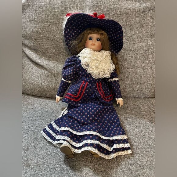 Classic Navy Blue Porcelain Doll with Lace by Victoria Ashley Originals - Picture 1 of 9